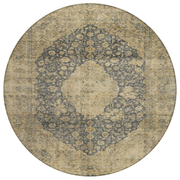 HomeRoots 5' Charcoal and Beige Medallion Washable Area Rug for Indoor and Outdoor Use - Durable and Stylish 8' Round 616462