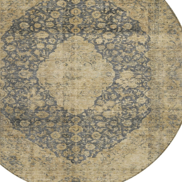 HomeRoots 5' Charcoal and Beige Medallion Washable Area Rug for Indoor and Outdoor Use - Durable and Stylish 8' Round 616462
