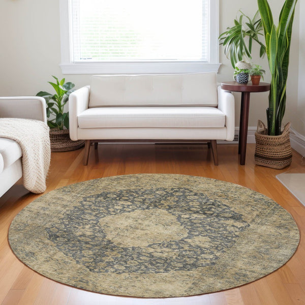 HomeRoots 5' Charcoal and Beige Medallion Washable Area Rug for Indoor and Outdoor Use - Durable and Stylish 8' Round 616462
