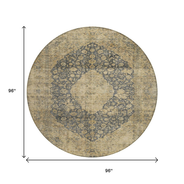 HomeRoots 5' Charcoal and Beige Medallion Washable Area Rug for Indoor and Outdoor Use - Durable and Stylish 8' Round 616462