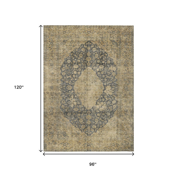 HomeRoots 5' Charcoal and Beige Medallion Washable Area Rug for Indoor and Outdoor Use - Durable and Stylish 8' X 10' 616463