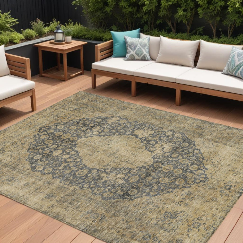HomeRoots 5' Charcoal and Beige Medallion Washable Area Rug for Indoor and Outdoor Use - Durable and Stylish 10' X 14' 616465
