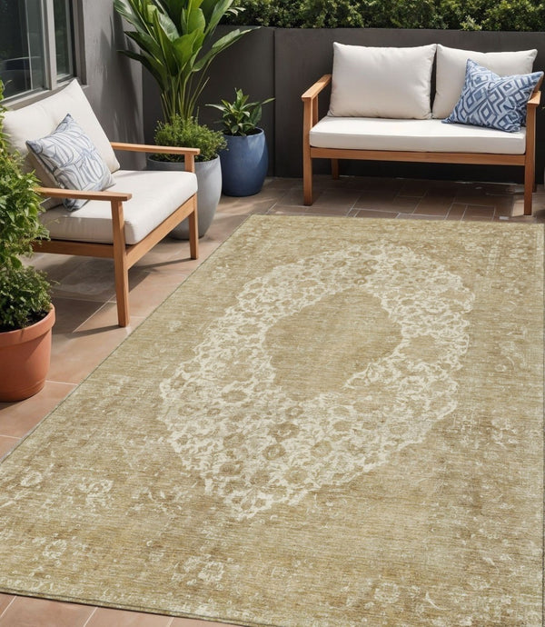 HomeRoots 5' Versatile Ivory and Beige Medallion Area Rug for Indoor and Outdoor Use - Machine Washable Design 5' X 8' 616467