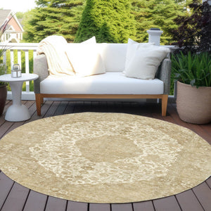 HomeRoots 5' Versatile Ivory and Beige Medallion Area Rug for Indoor and Outdoor Use - Machine Washable Design 8' Round 616468