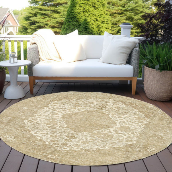 HomeRoots 5' Versatile Ivory and Beige Medallion Area Rug for Indoor and Outdoor Use - Machine Washable Design 8' Round 616468