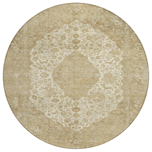 HomeRoots 5' Versatile Ivory and Beige Medallion Area Rug for Indoor and Outdoor Use - Machine Washable Design 8' Round 616468