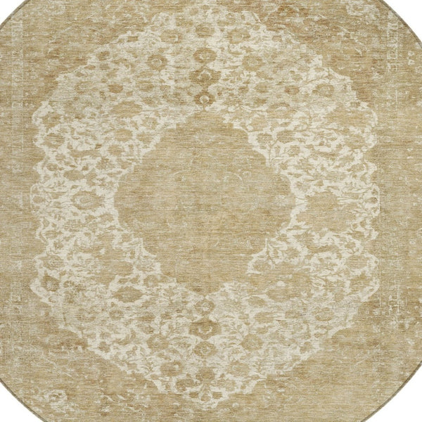 HomeRoots 5' Versatile Ivory and Beige Medallion Area Rug for Indoor and Outdoor Use - Machine Washable Design 8' Round 616468