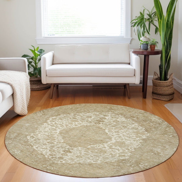 HomeRoots 5' Versatile Ivory and Beige Medallion Area Rug for Indoor and Outdoor Use - Machine Washable Design 8' Round 616468