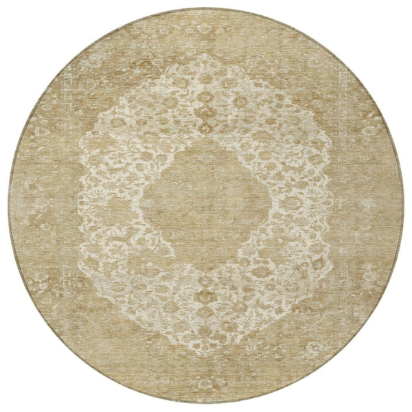 HomeRoots 5' Versatile Ivory and Beige Medallion Area Rug for Indoor and Outdoor Use - Machine Washable Design 8' Round 616468