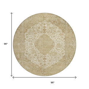 HomeRoots 5' Versatile Ivory and Beige Medallion Area Rug for Indoor and Outdoor Use - Machine Washable Design 8' Round 616468