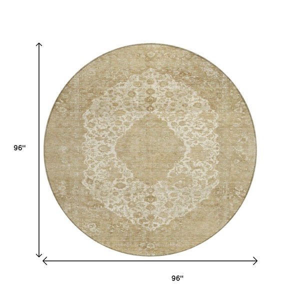 HomeRoots 5' Versatile Ivory and Beige Medallion Area Rug for Indoor and Outdoor Use - Machine Washable Design 8' Round 616468