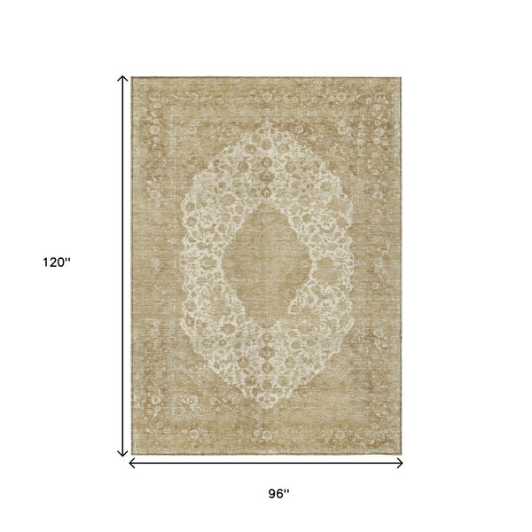 HomeRoots 5' Versatile Ivory and Beige Medallion Area Rug for Indoor and Outdoor Use - Machine Washable Design 8' X 10' 616469