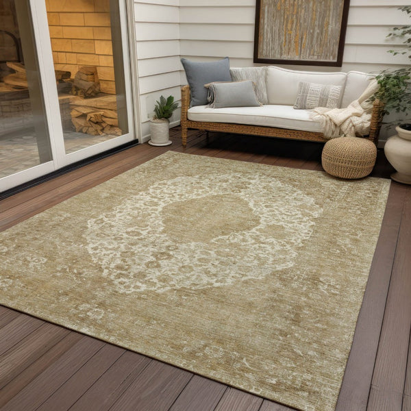 HomeRoots 5' Versatile Ivory and Beige Medallion Area Rug for Indoor and Outdoor Use - Machine Washable Design 8' X 10' 616469