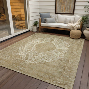 HomeRoots 5' Versatile Ivory and Beige Medallion Area Rug for Indoor and Outdoor Use - Machine Washable Design 9' X 12' 616470