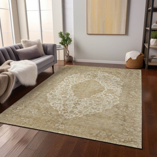 HomeRoots 5' Versatile Ivory and Beige Medallion Area Rug for Indoor and Outdoor Use - Machine Washable Design 9' X 12' 616470