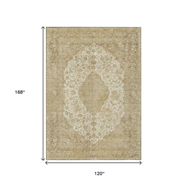 HomeRoots 5' Versatile Ivory and Beige Medallion Area Rug for Indoor and Outdoor Use - Machine Washable Design 10' X 14' 616471