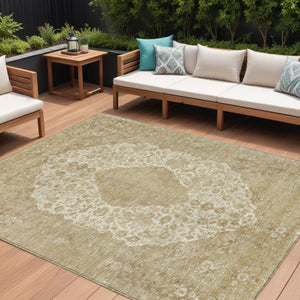 HomeRoots 5' Versatile Ivory and Beige Medallion Area Rug for Indoor and Outdoor Use - Machine Washable Design 10' X 14' 616471