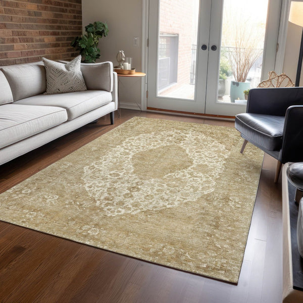 HomeRoots 5' Versatile Ivory and Beige Medallion Area Rug for Indoor and Outdoor Use - Machine Washable Design 10' X 14' 616471