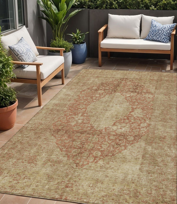HomeRoots 5' Timeless Rust and Beige Medallion Area Rug - Durable, Easy-Care Design for Indoor & Outdoor Use 5' X 8' 616473