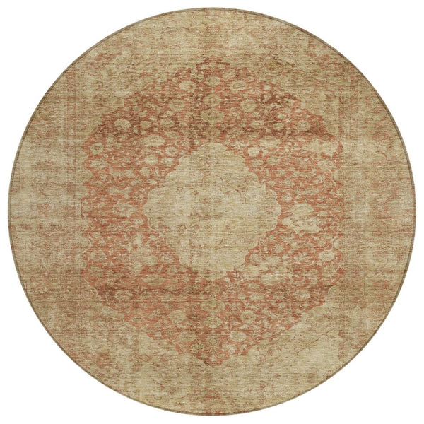 HomeRoots 5' Timeless Rust and Beige Medallion Area Rug - Durable, Easy-Care Design for Indoor & Outdoor Use 8' Round 616474