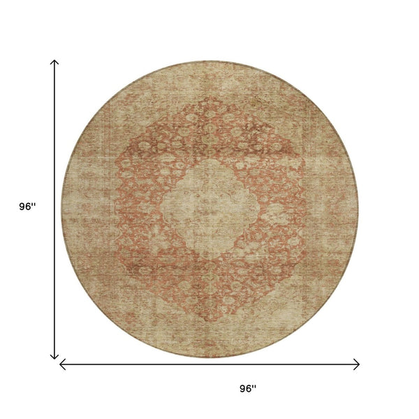 HomeRoots 5' Timeless Rust and Beige Medallion Area Rug - Durable, Easy-Care Design for Indoor & Outdoor Use 8' Round 616474