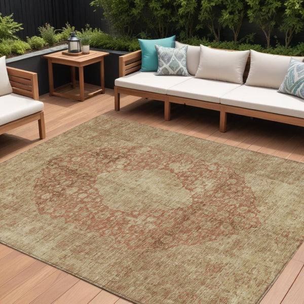 HomeRoots 5' Timeless Rust and Beige Medallion Area Rug - Durable, Easy-Care Design for Indoor & Outdoor Use 10' X 14' 616477