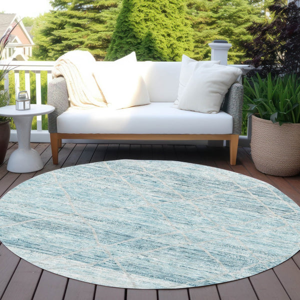 HomeRoots 5' Stylish Teal Blue and Ivory Trellis Indoor Outdoor Area Rug for Versatile Living Spaces 8' Round 616498