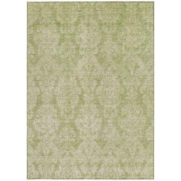 HomeRoots 5' Elegant Artichoke Green Beige Damask Area Rug - Durable, Washable Design for Indoor & Outdoor Spaces 5' X 8' 616509