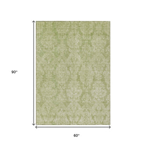 HomeRoots 5' Elegant Artichoke Green Beige Damask Area Rug - Durable, Washable Design for Indoor & Outdoor Spaces 5' X 8' 616509