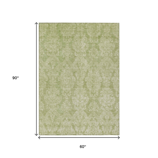 HomeRoots 5' Elegant Artichoke Green Beige Damask Area Rug - Durable, Washable Design for Indoor & Outdoor Spaces 5' X 8' 616509