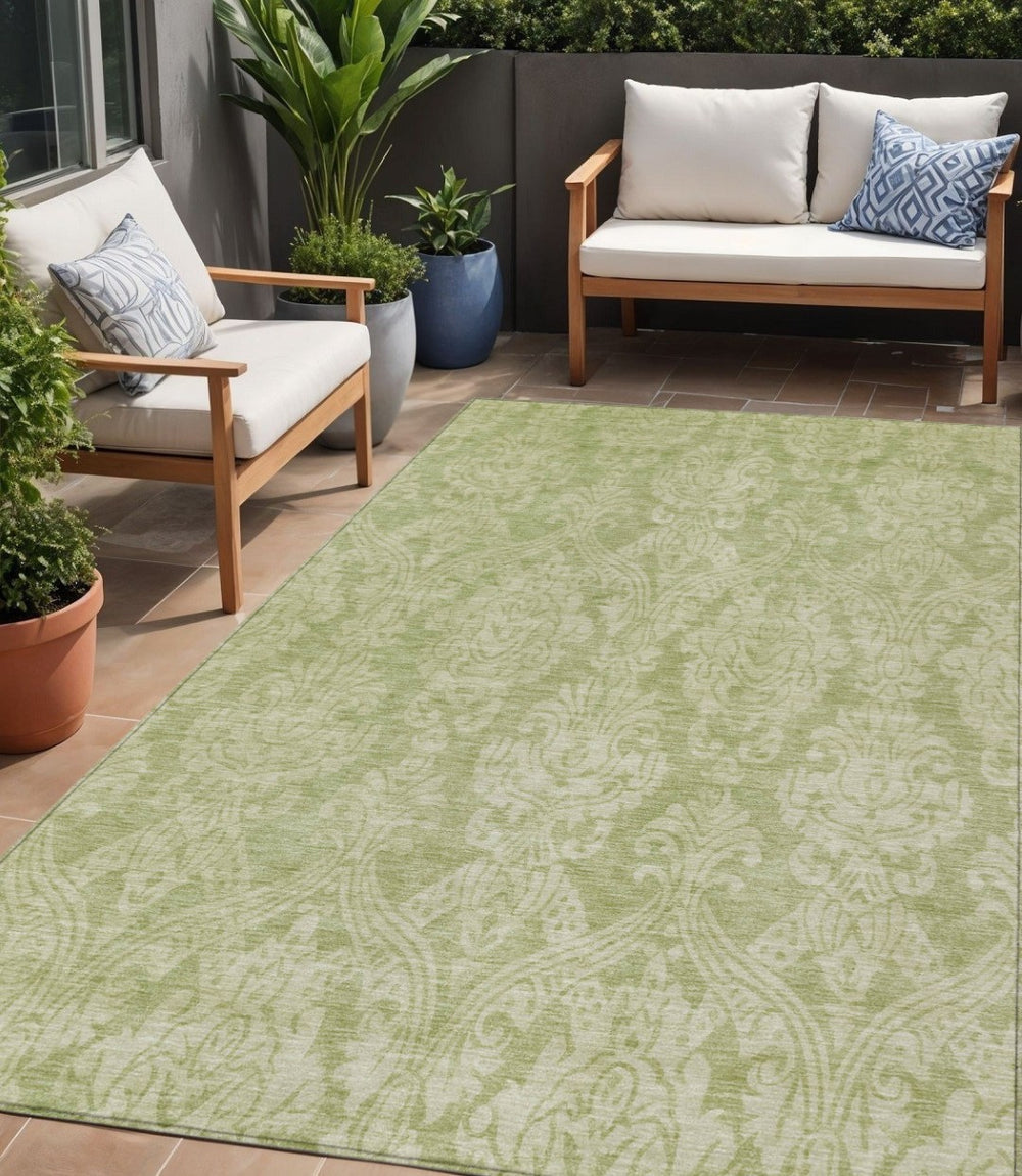 HomeRoots 5' Elegant Artichoke Green Beige Damask Area Rug - Durable, Washable Design for Indoor & Outdoor Spaces 5' X 8' 616509