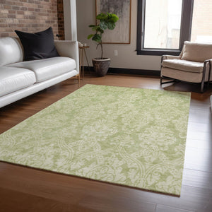 HomeRoots 5' Elegant Artichoke Green Beige Damask Area Rug - Durable, Washable Design for Indoor & Outdoor Spaces 5' X 8' 616509