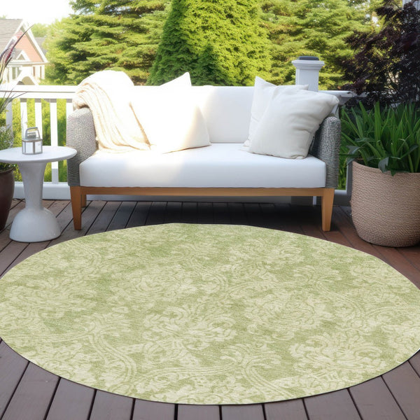 HomeRoots 5' Elegant Artichoke Green Beige Damask Area Rug - Durable, Washable Design for Indoor & Outdoor Spaces 8' Round 616510
