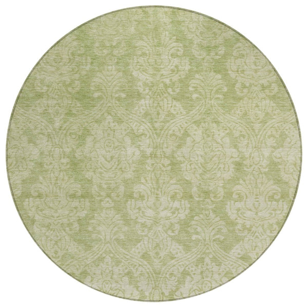 HomeRoots 5' Elegant Artichoke Green Beige Damask Area Rug - Durable, Washable Design for Indoor & Outdoor Spaces 8' Round 616510