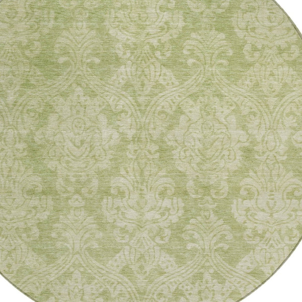 HomeRoots 5' Elegant Artichoke Green Beige Damask Area Rug - Durable, Washable Design for Indoor & Outdoor Spaces 8' Round 616510