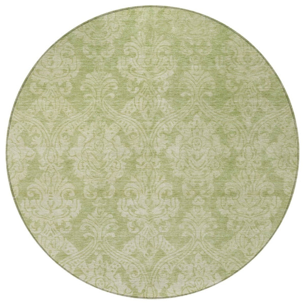 HomeRoots 5' Elegant Artichoke Green Beige Damask Area Rug - Durable, Washable Design for Indoor & Outdoor Spaces 8' Round 616510