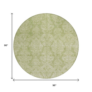HomeRoots 5' Elegant Artichoke Green Beige Damask Area Rug - Durable, Washable Design for Indoor & Outdoor Spaces 8' Round 616510