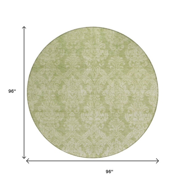 HomeRoots 5' Elegant Artichoke Green Beige Damask Area Rug - Durable, Washable Design for Indoor & Outdoor Spaces 8' Round 616510