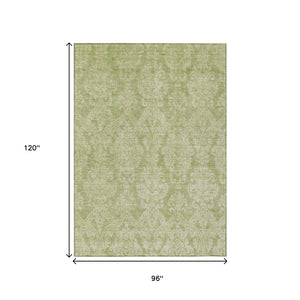 HomeRoots 5' Elegant Artichoke Green Beige Damask Area Rug - Durable, Washable Design for Indoor & Outdoor Spaces 8' X 10' 616511