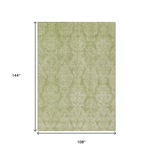 HomeRoots 5' Elegant Artichoke Green Beige Damask Area Rug - Durable, Washable Design for Indoor & Outdoor Spaces 9' X 12' 616512