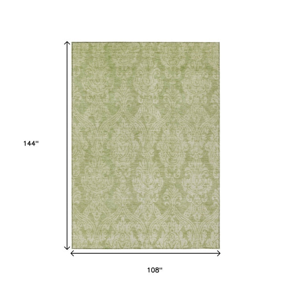 HomeRoots 5' Elegant Artichoke Green Beige Damask Area Rug - Durable, Washable Design for Indoor & Outdoor Spaces 9' X 12' 616512