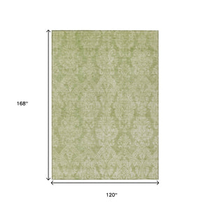 HomeRoots 5' Elegant Artichoke Green Beige Damask Area Rug - Durable, Washable Design for Indoor & Outdoor Spaces 10' X 14' 616513