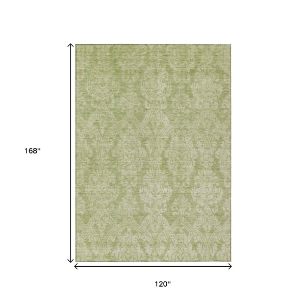 HomeRoots 5' Elegant Artichoke Green Beige Damask Area Rug - Durable, Washable Design for Indoor & Outdoor Spaces 10' X 14' 616513