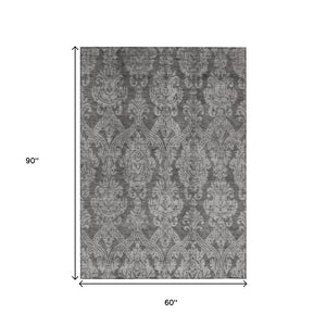 HomeRoots 5' Elegant Gray and Pewter Damask Rug - Washable Indoor/Outdoor Area Rug for High-Traffic Spaces 5' X 8' 616527