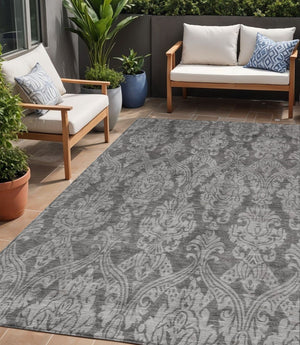 HomeRoots 5' Elegant Gray and Pewter Damask Rug - Washable Indoor/Outdoor Area Rug for High-Traffic Spaces 5' X 8' 616527