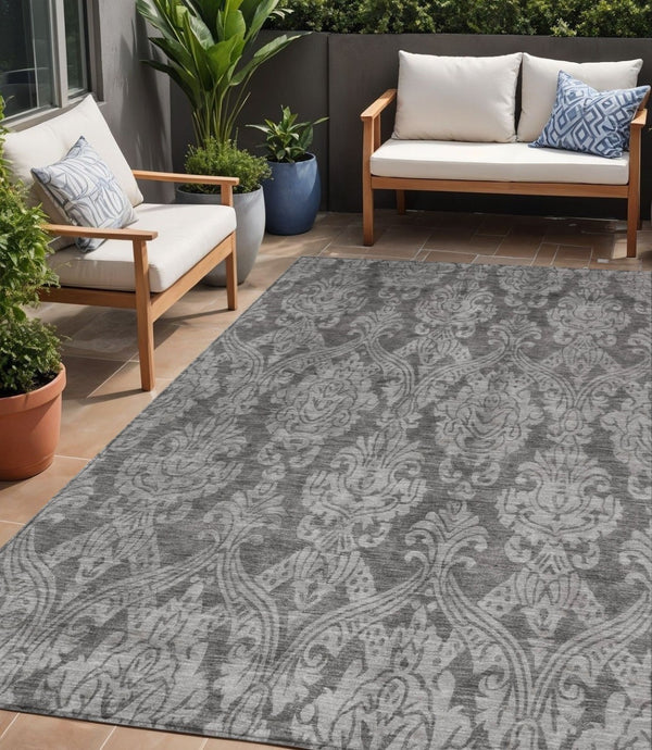 HomeRoots 5' Elegant Gray and Pewter Damask Rug - Washable Indoor/Outdoor Area Rug for High-Traffic Spaces 5' X 8' 616527