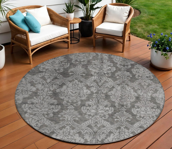 HomeRoots 5' Elegant Gray and Pewter Damask Rug - Washable Indoor/Outdoor Area Rug for High-Traffic Spaces 8' Round 616528