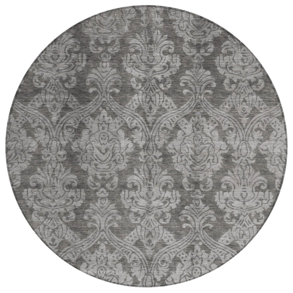 HomeRoots 5' Elegant Gray and Pewter Damask Rug - Washable Indoor/Outdoor Area Rug for High-Traffic Spaces 8' Round 616528
