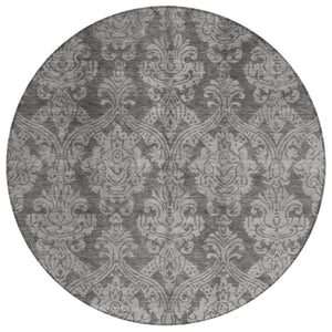 HomeRoots 5' Elegant Gray and Pewter Damask Rug - Washable Indoor/Outdoor Area Rug for High-Traffic Spaces 8' Round 616528