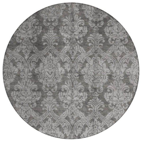 HomeRoots 5' Elegant Gray and Pewter Damask Rug - Washable Indoor/Outdoor Area Rug for High-Traffic Spaces 8' Round 616528